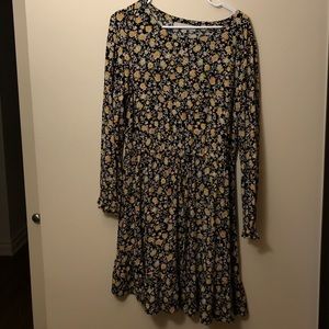 Loft black floral drawstring waist dress